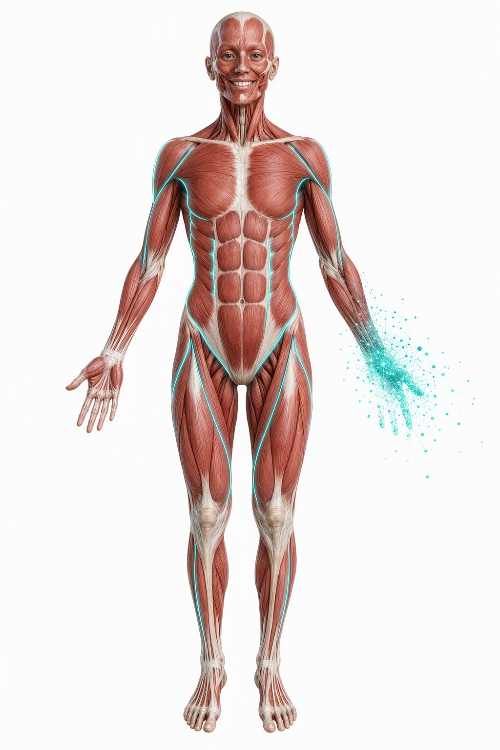 A smiling écorché figure — an anatomical body with the skin removed — in a relaxed, welcoming stance, one hand's fingertips dissolving into teal data points.