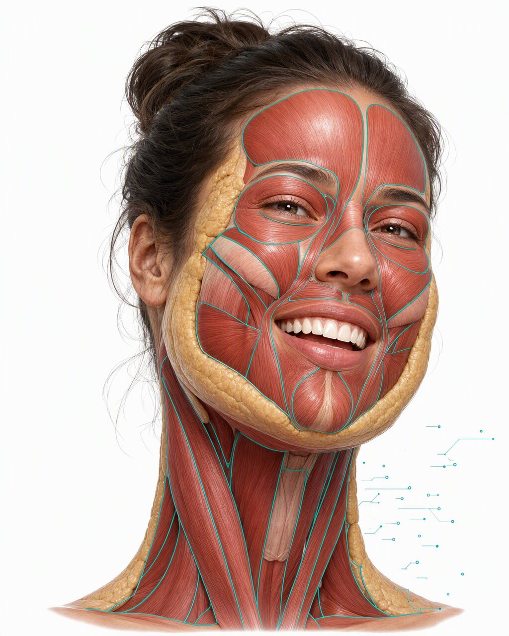 A head-and-neck écorché study of a young woman — the skin removed to red muscle under a soft yellow subcutaneous fat layer, key muscles traced in thin teal outlines — her head tilted with a warm, open, welcoming smile.