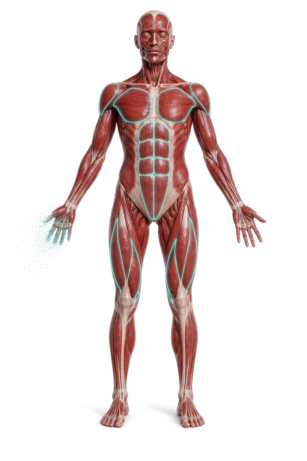 Écorché figure, anterior view: a sexless anatomical body with the skin removed — red muscle and white tendon, key muscles traced in thin teal outlines, the fingertips of the right hand dissolving into teal data points.